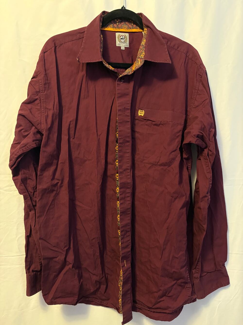 Cinch Button Down Shirt Top Burgundy Red Sz L